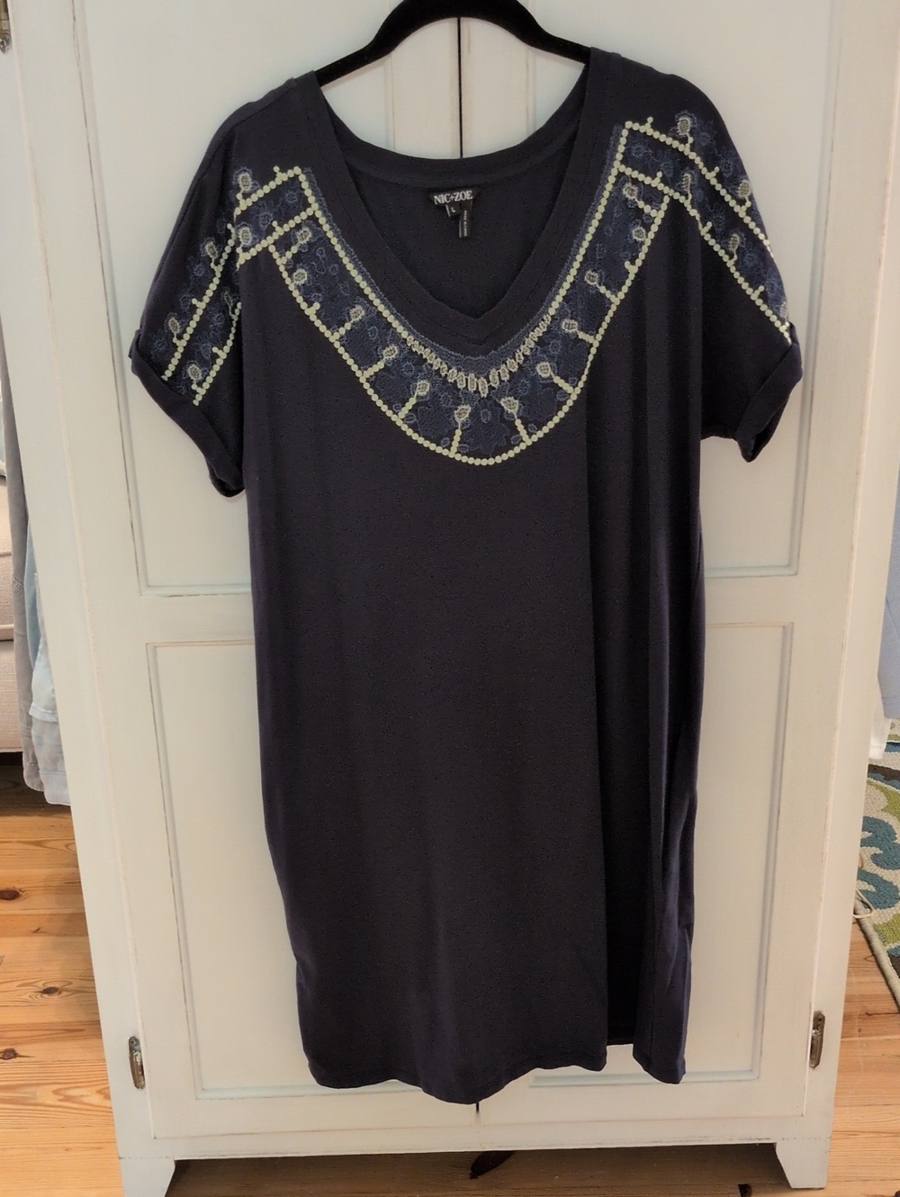 NIC+ZOE Navy V-Neck Tunic Dress with Embroidered Yoke